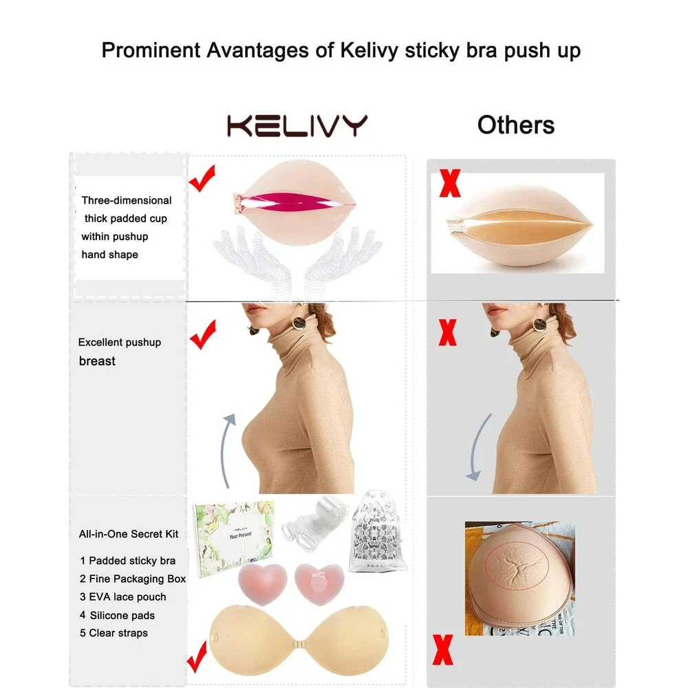 Kelivy Sticky Bra PuAsh up, Adhesive Strapless Bras for Women Dress Backless